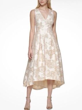 NWT ELIZA J Champagne Gold Jacquard Fit & Flare Hi/Low Dress Retail $268